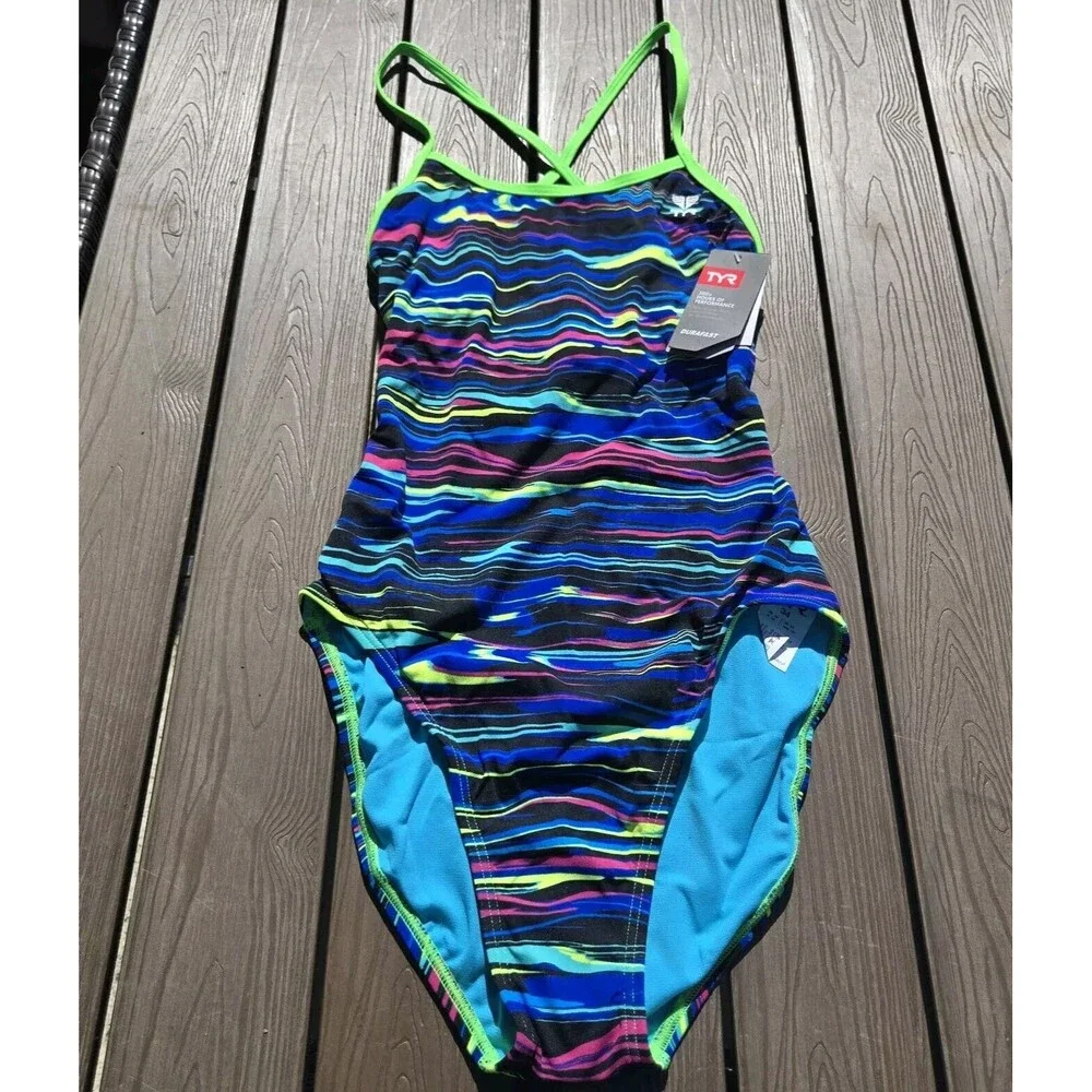 TYR Durafast One Women's Blue/multi Fresno Crosscutfit Tieback Swim Sz 34 New